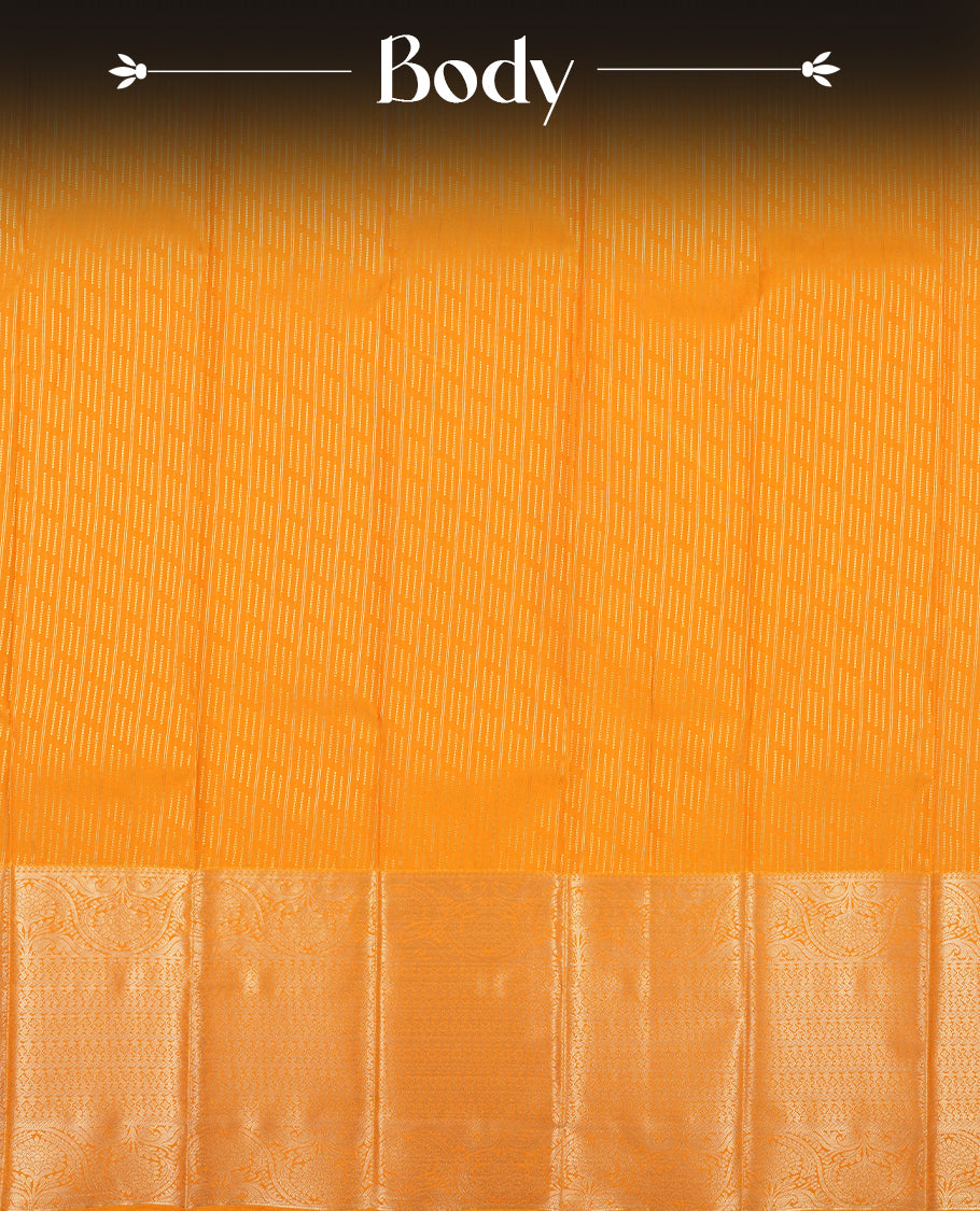 Marigold colour Semi Silk Saree with gold zari striped patterns on the body with self coloured border, paired with a contrasting dark purple colour traditional pallu, and a matching blouse piece.