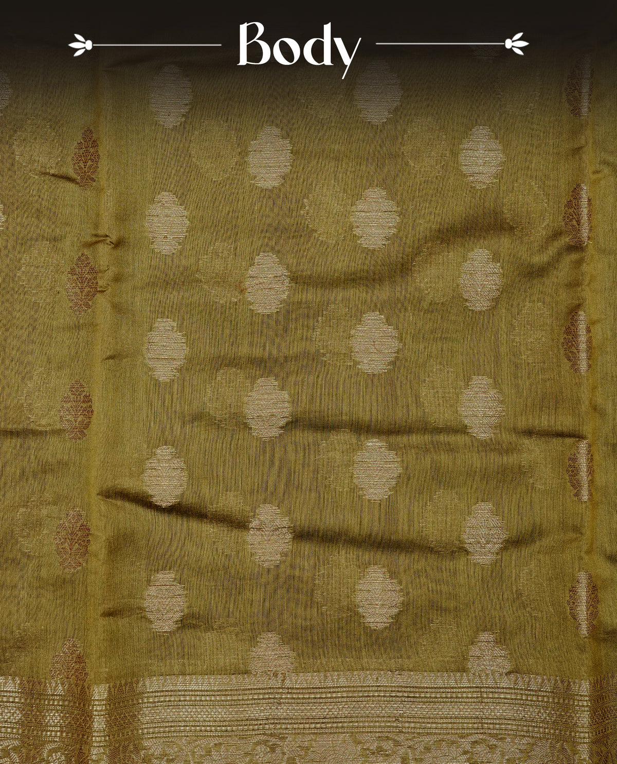 Olive colour Banaras silk saree featuring gold zari buttas on body, complemented by self colour with zari border, comes with matching blouse piece.