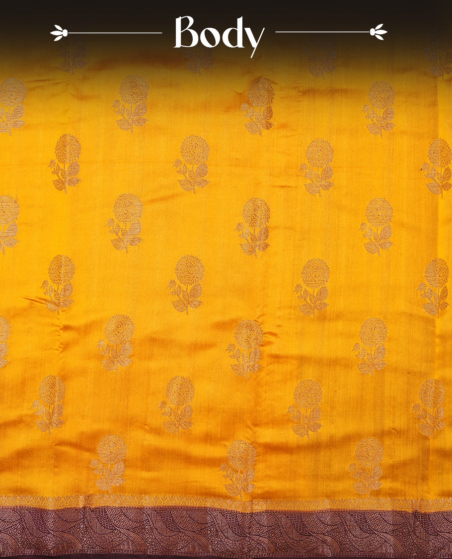 Mustard Colour Pure Banaras soft Silk Saree having gold floral motifs on Body with contrast Purple colour gold zari Border and matching Blouse