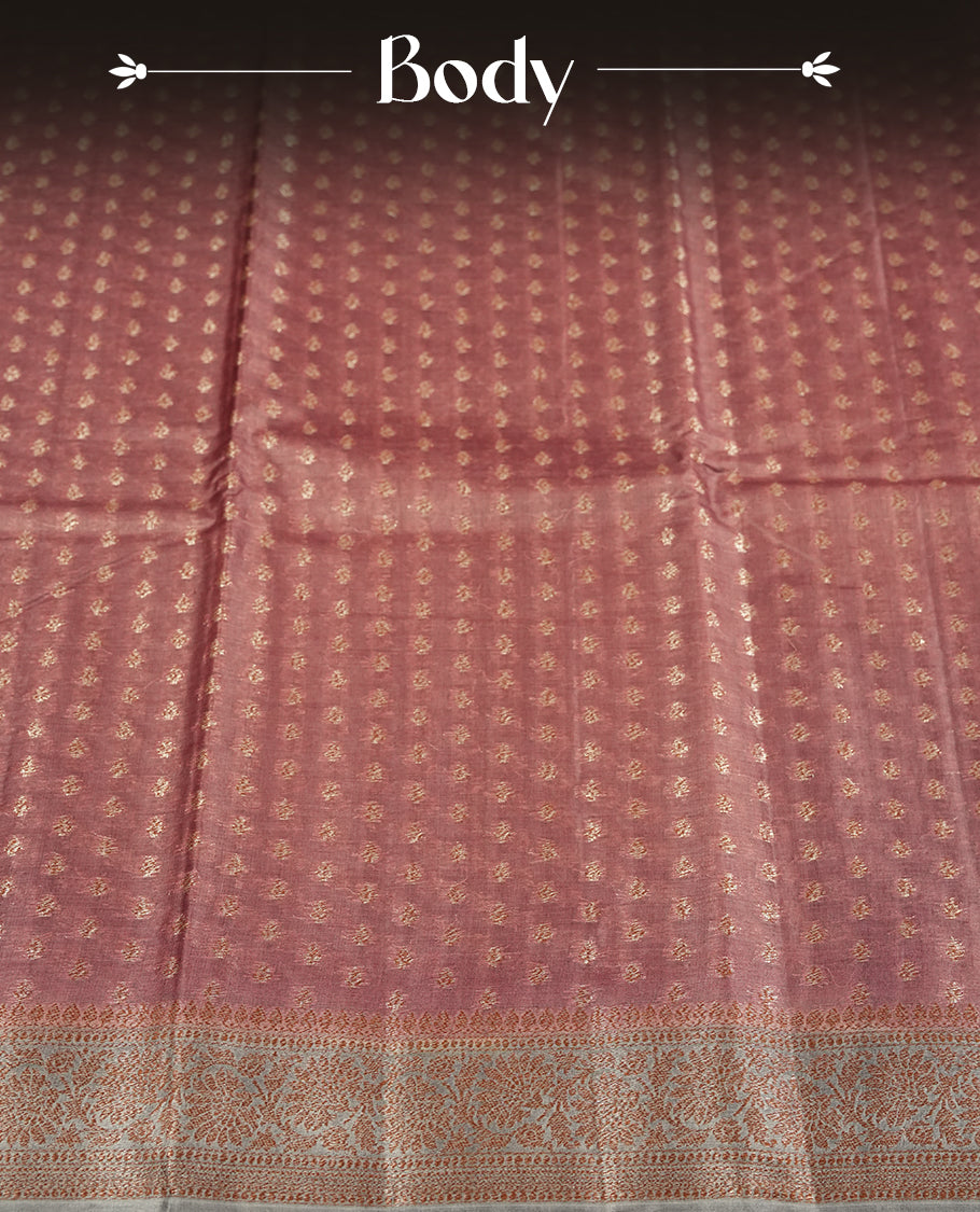 Mauve colour Pure Banarasi Tussar Saree , featuring intricate zari motifs, contrast grey colour traditional border, woven pallu, and matching blouse.