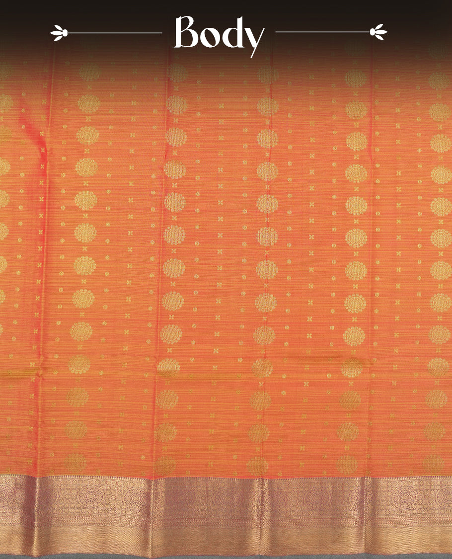 Gold and Orange colour semi soft silk saree featuring a golden patterned body, complemented by contrast green colour with gold traditional pallu & border and a matching blouse piece.