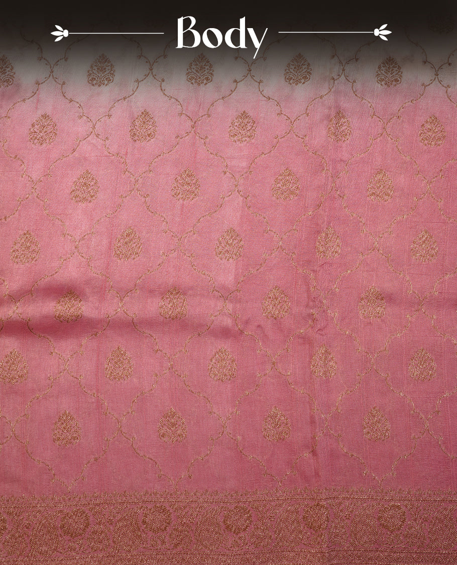 Cream colour semi tussar Banarasi saree featuring Antique zari motifs on body, Paired bya contrast dusty pink colour border, and a matching blouse piece.