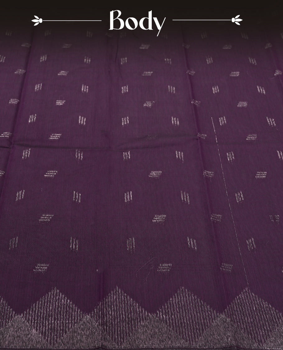 Deep Purple Silk Cotton Saree with Silver Butta Body, Accented by Silver Zari Ornamental Border on Grand Pallu, Paired with Matching Blouse Piece