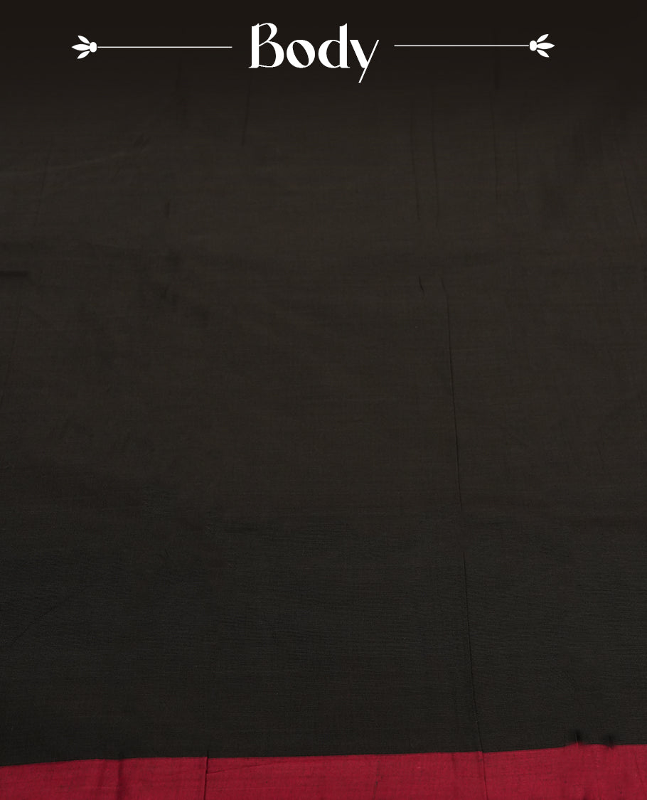 Black colour Narayanapattu cotton saree featuring a plain black body, deep maroon border and pallu, highlighted with fine thread work & Traditional and elegant, this saree comes without a blouse piece.