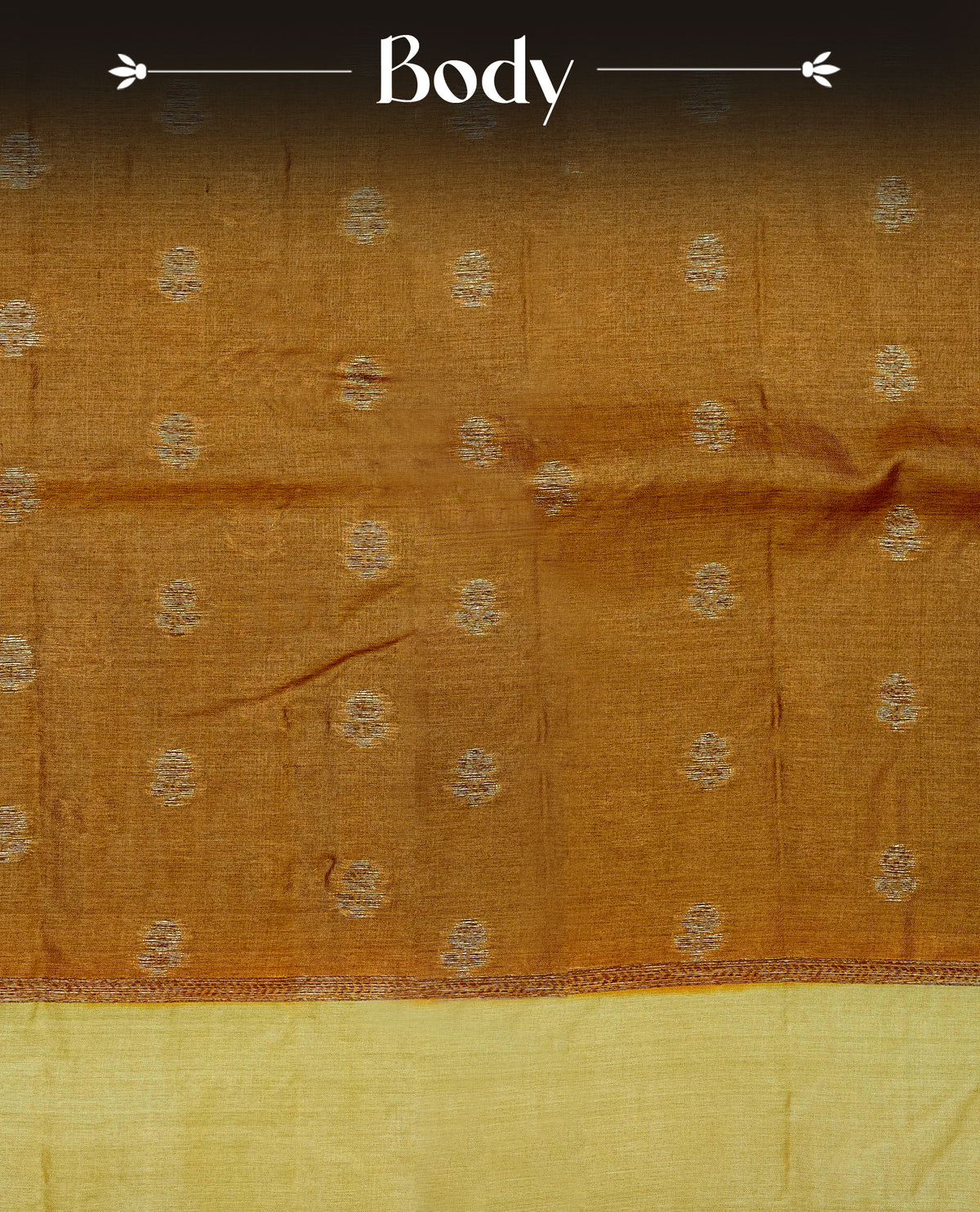 Dark mustard colour banaras silk saree featuring Gold zari buttas on body, complemented by contrast Pale yellow colour border, comes with matching blouse piece.