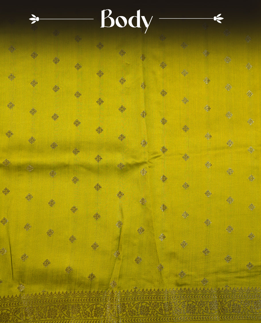 Olive colour pure tussar Banarasi saree featuring Gold zari motifs on body, self colour gold zari border, and a matching blouse piece.