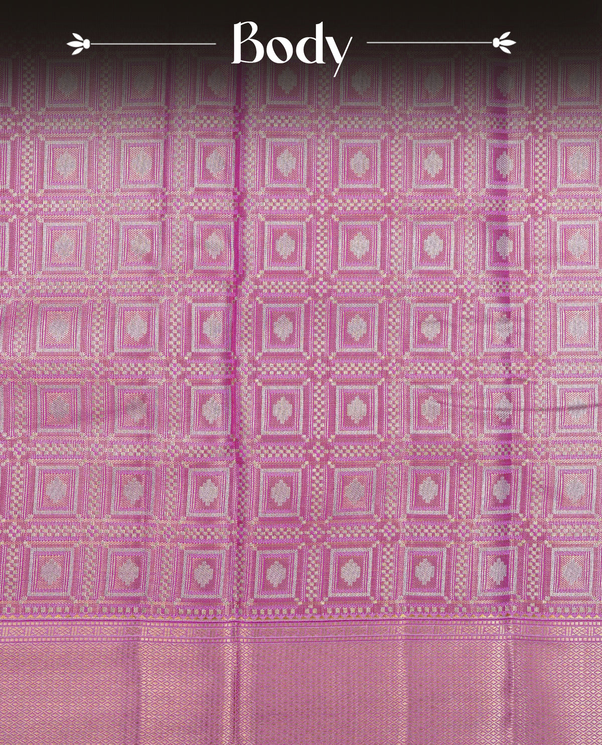 Pink & Gold Double shade Semi Tissue Silk saree featuring Light gold Box pattern on body, complemented by Contrast Pink with gold zari border, paired with matching blouse piece.