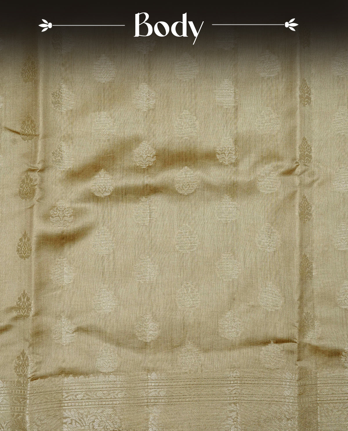 Beige colour Banaras saree featuring Silver zari buttas on body, complemented by zari pattern on self colour border, comes with matching blouse piece.