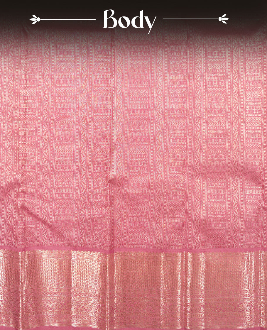 Dusty Pink colour Kanchipuram Samudrika Silk Saree featuring Geometric pattern weaving with gold zari jacquard and a traditional zari border, paired with a matching designer jacquard blouse piece