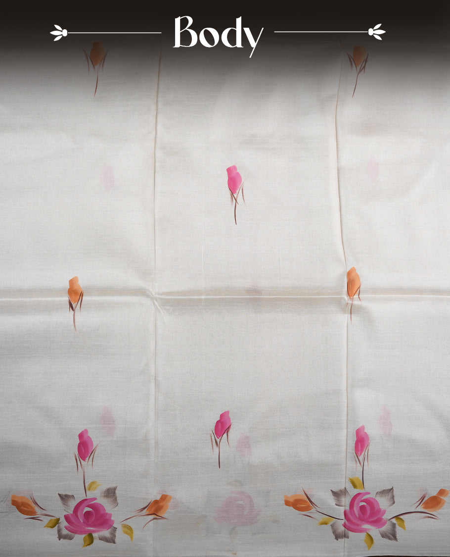 Cream colour  Pure tusser silk saree featuring multicolour floral hand print designs all over body without border, pallu, paired with matching blouse piece.