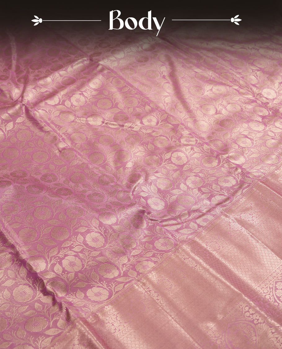 Taffy pink colour and Antique gold Zari Tissue Brocade Saree features intricate floral Motifs on body and traditional border & pallu, paired with matching blouse