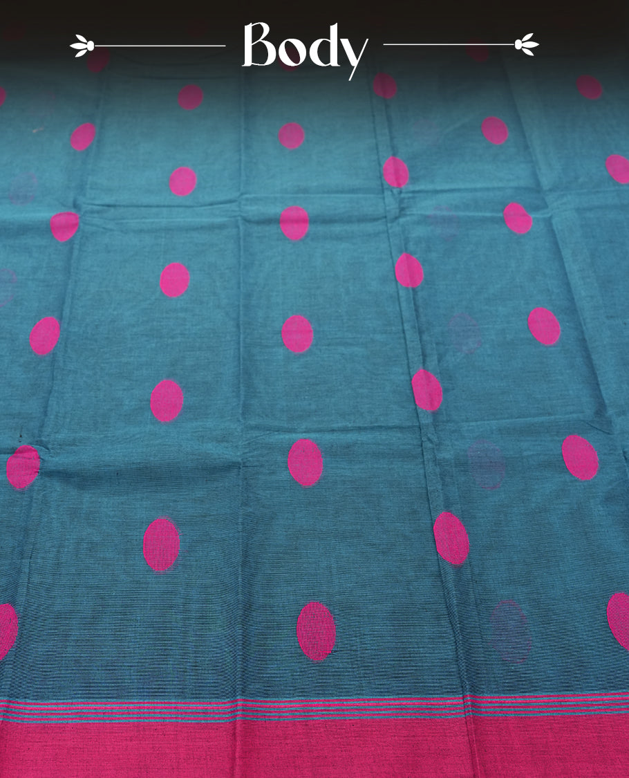 Teal Colour Silk Cotton Saree with Pink Dot Motifs Body, Accented by Pink Zari Border with Geometric Diamond Pattern Pallu, Paired with Matching Blouse Piece