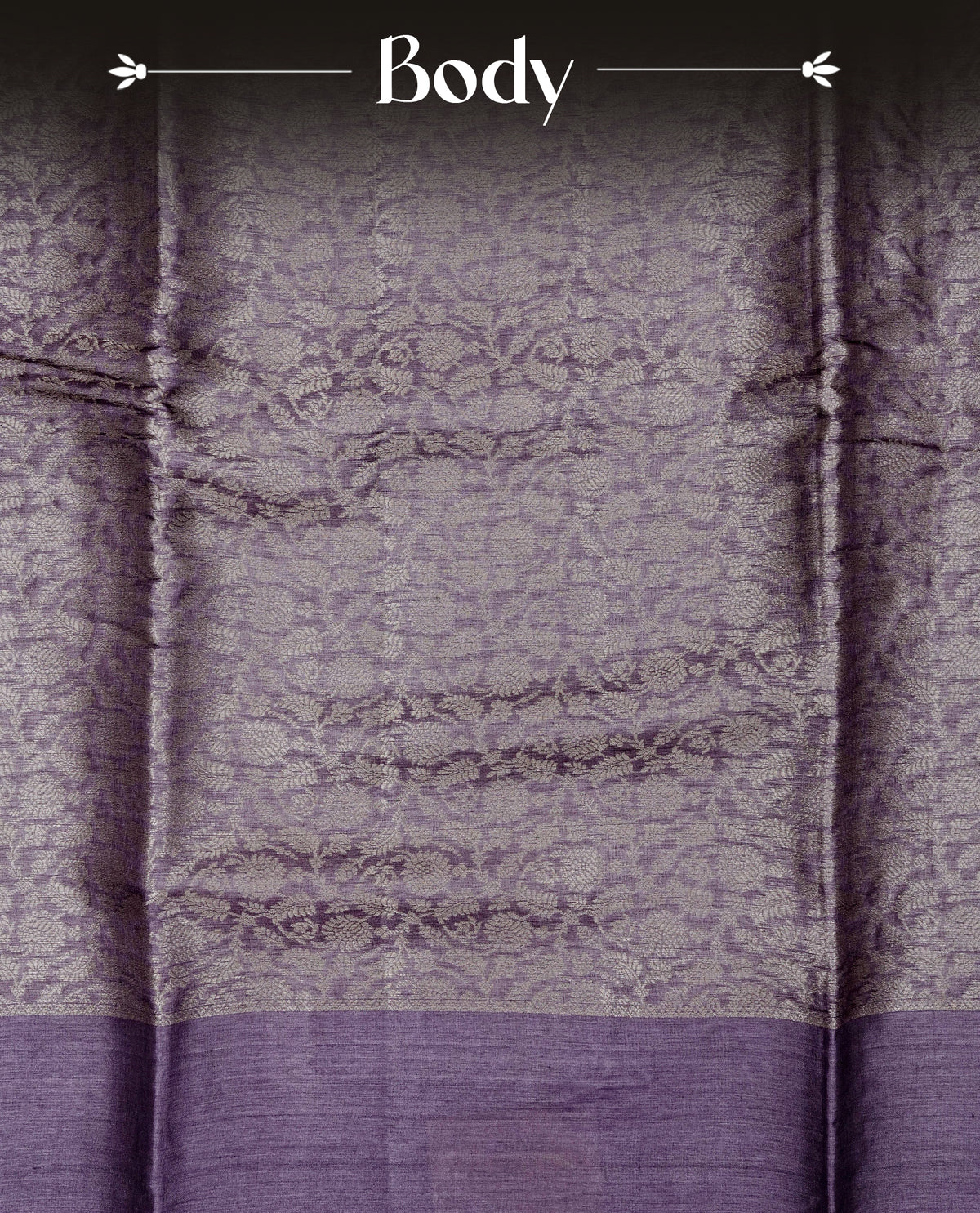 Pastel purple Colour banaras saree featuring Light gold zari Floral kodi pattern on body, complemented by borderless finish, comes with matching blouse piece.