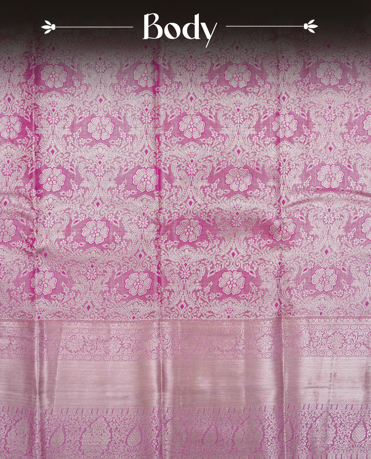 Pink colour Semi Tissue Silk saree featuring Light gold Kodi pattern on body, complemented by Sel colour with gold zari border, paired with matching blouse piece.