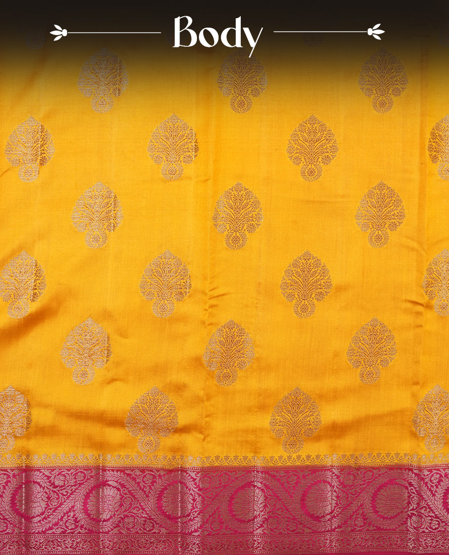 Mustard Colour Pure Banaras soft Silk Saree having gold floral motifs on Body with contrast Dark pink colour gold floral kodi pattern on Border and matching Blouse