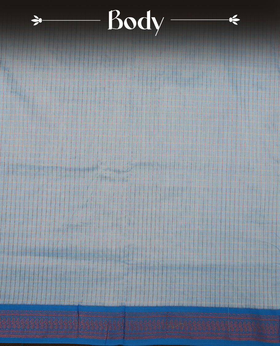 Sky blue coloured mixed Kalyani cotton saree featuring copper zari checks on the body, complemented by a bright blue coloured border and pallu adorned with copper zari patterns, Paired with a matching blouse.