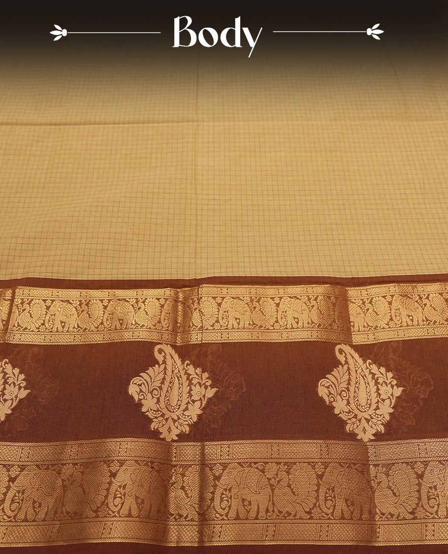 Gold Colour Silk Cotton Saree with Striped Body, Accented by Brown and Gold Zari Border with Elephant and Paisley Motifs on Pallu, Paired with Matching Blouse Piece