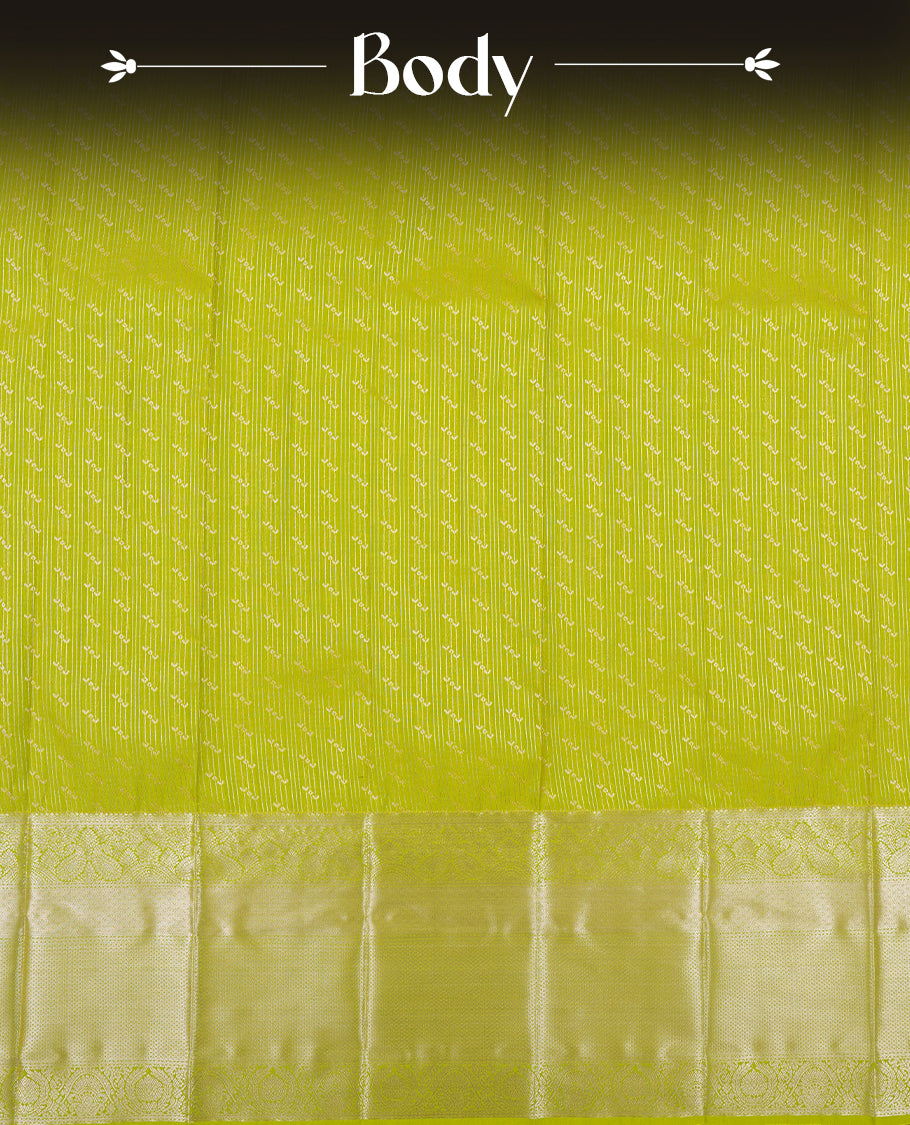 Lime Green Colour Semi Silk Saree with Silver Diagonal Butta Body, Self Coloured Silver Zari Pallu & Border, Paisley Motifs, and Matching Blouse Piece