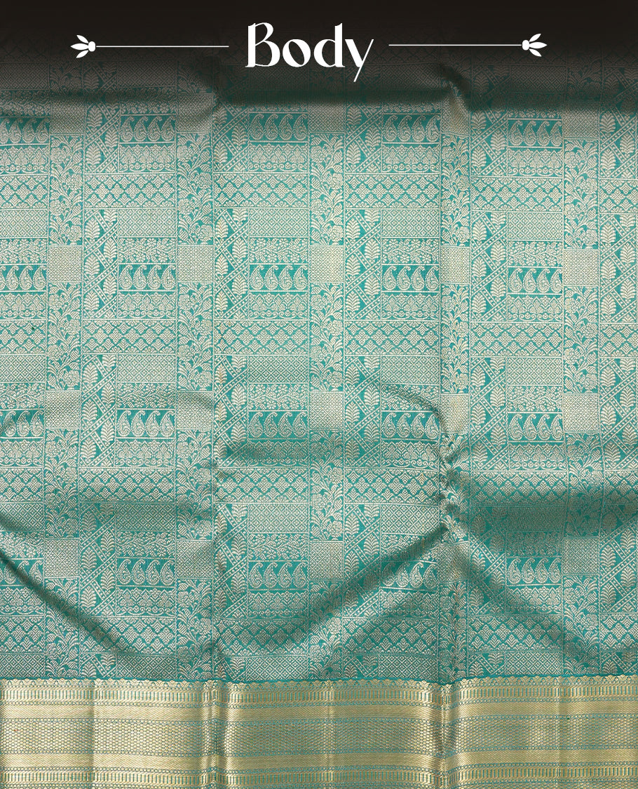 Peacock blue colour Kanchipuram Samudrika Silk Saree featuring Floral kodi in square pattern weaving with gold zari jacquard and a traditional zari border, paired with a matching designer jacquard blouse piece