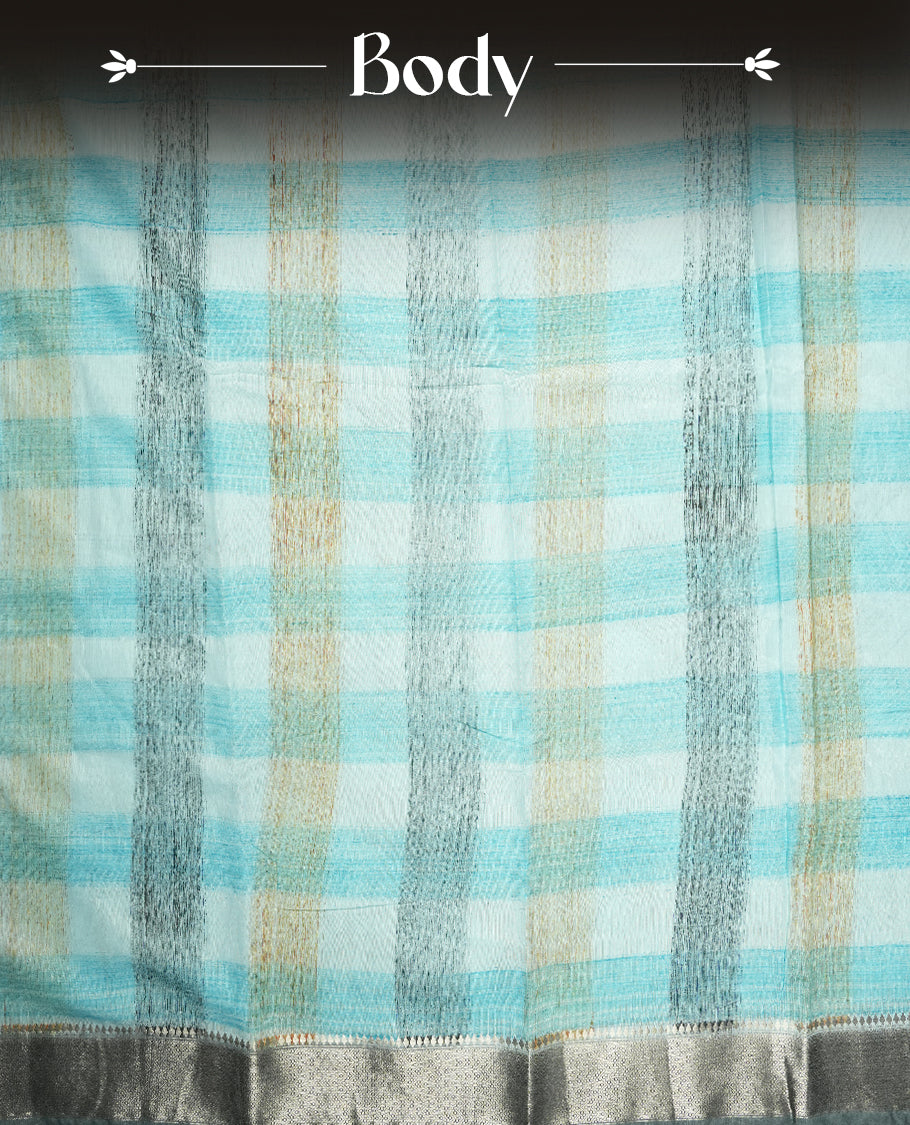 Sky blue and teal colour mixed chanderi cotton saree featuring multicoloured checkered body with vertical and horizontal stripes, silver zari border, and matching blouse