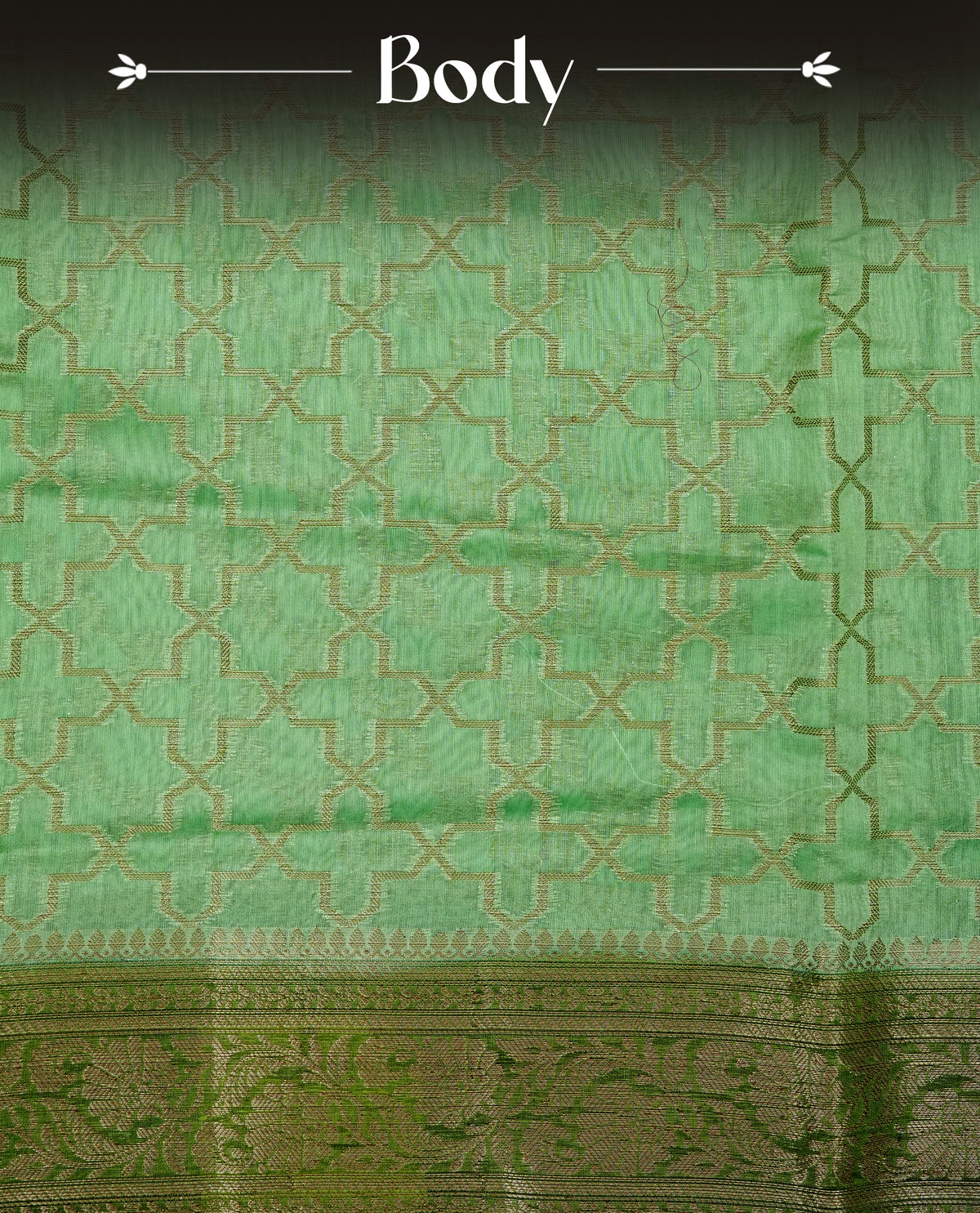 Light green colour Banaras silk saree featuring gold zari Geometric pattern on body, complemented by contrast green colour with zari border, comes with matching blouse piece.