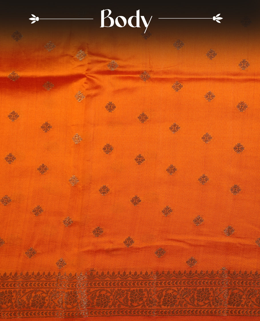 Orange colour Pure tussar Banarasi saree featuring Gold zari motifs on body, self colour gold zari border border, and a matching blouse piece.