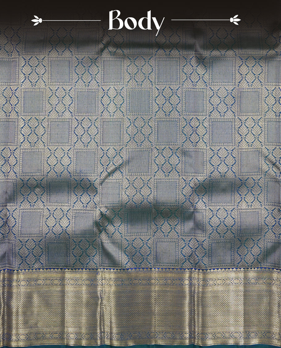 Peacock colour Kanchipuram Samudrika Silk Saree featuring Leaf & square pattern weaving with Light gold zari jacquard and a traditional Zari border, paired with a matching designer jacquard blouse piece