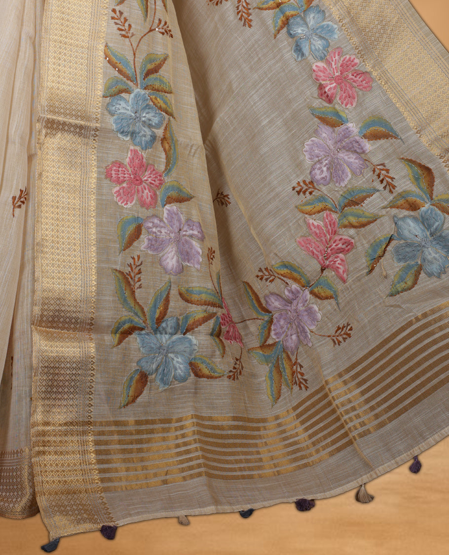 Beige colour Banarasi linen silk saree featuring hand brushed colour with Floral  & birds printed pattern on body, gold zari woven geometric design border with self colour pallu and comes with a matching blouse