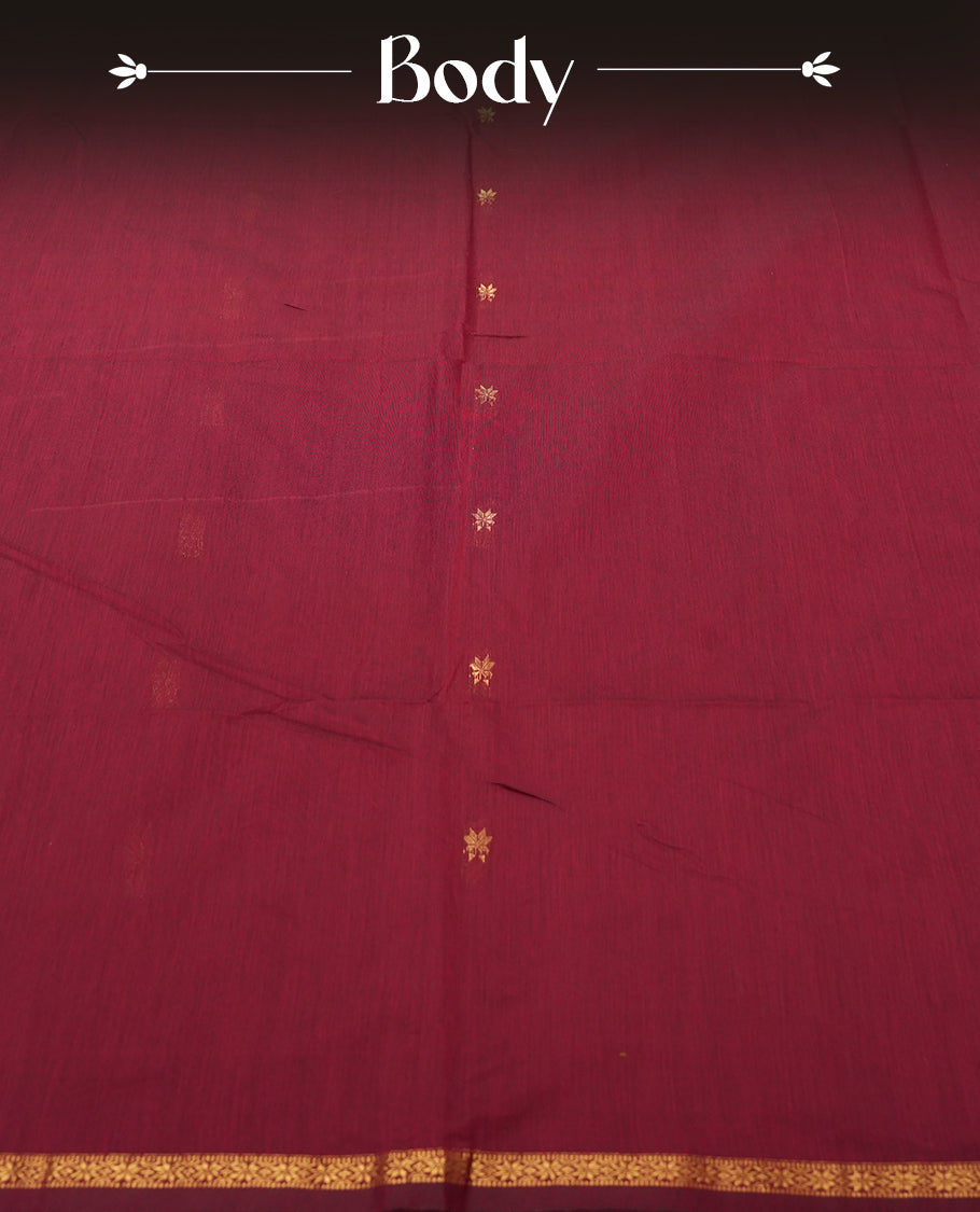 Maroon and pale gold Colour silk cotton saree with zari star buttas, antique gold tissue pallu, slim floral zari borders, and a plain pale gold blouse with matching border.