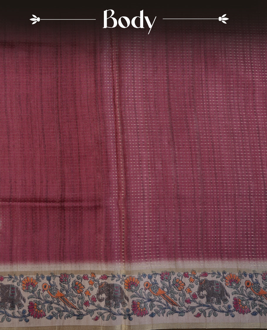 Chocolate brown colour tussar saree featuring golden zari dot stripped pattern on the body, complemented by a contrast cream colour mutlicolour floral kodi & animal print on border & pallu, paired with a matching blouse.