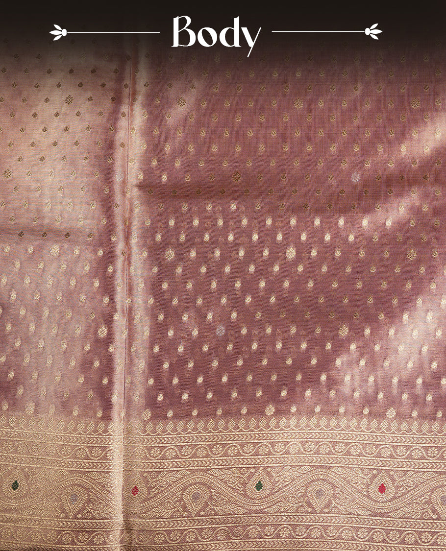 Pink & Gold double shade colour tissue banaras silk saree featuring antique gold zari motifs on the body with rich traditional zari border and pallu, paired with a matching blouse piece.