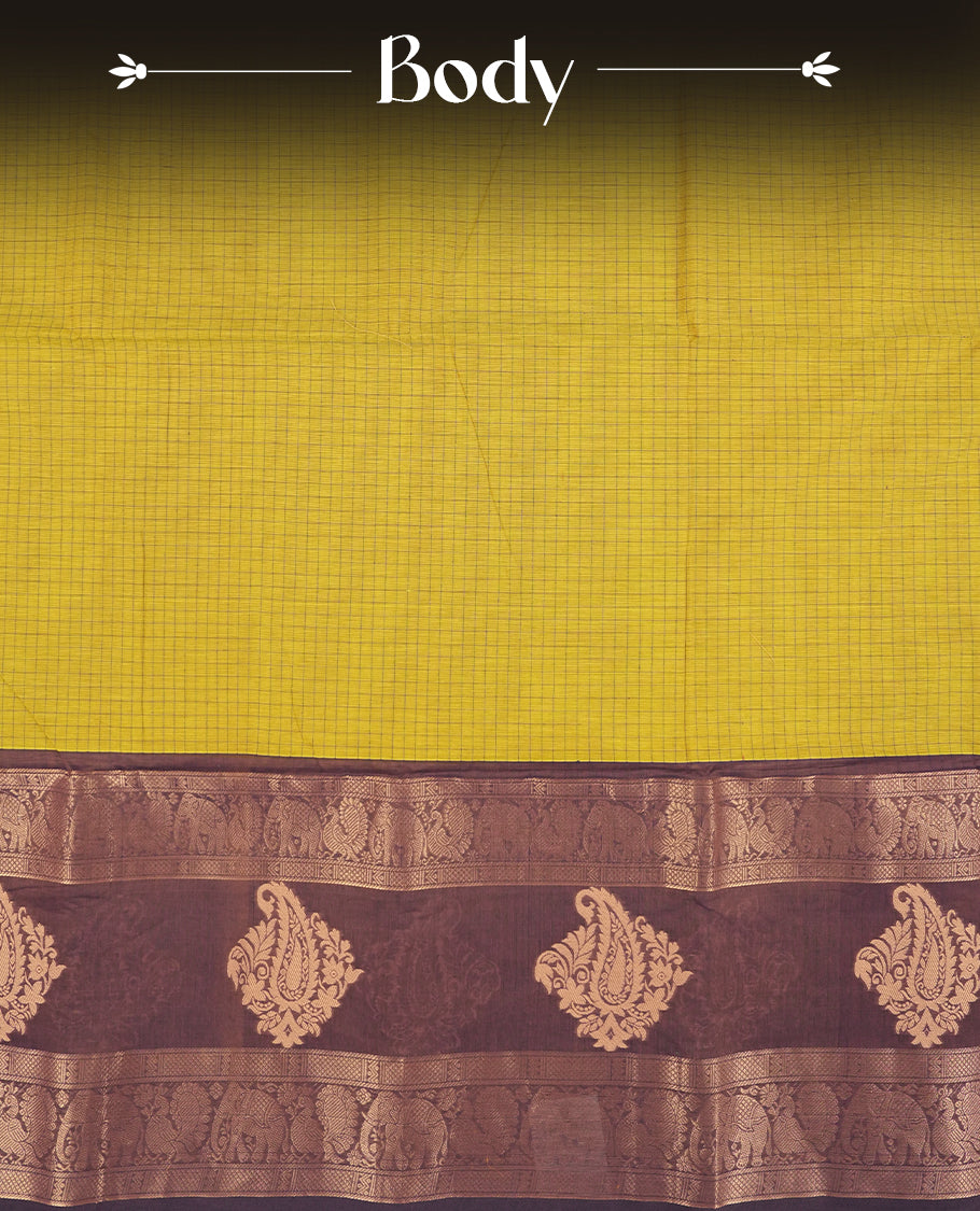 Royal yellow colour Chettinad cotton saree featuring elegant checked patterns across the body & The rich contrast zari border with traditional motifs & Comes with a matching blouse piece.