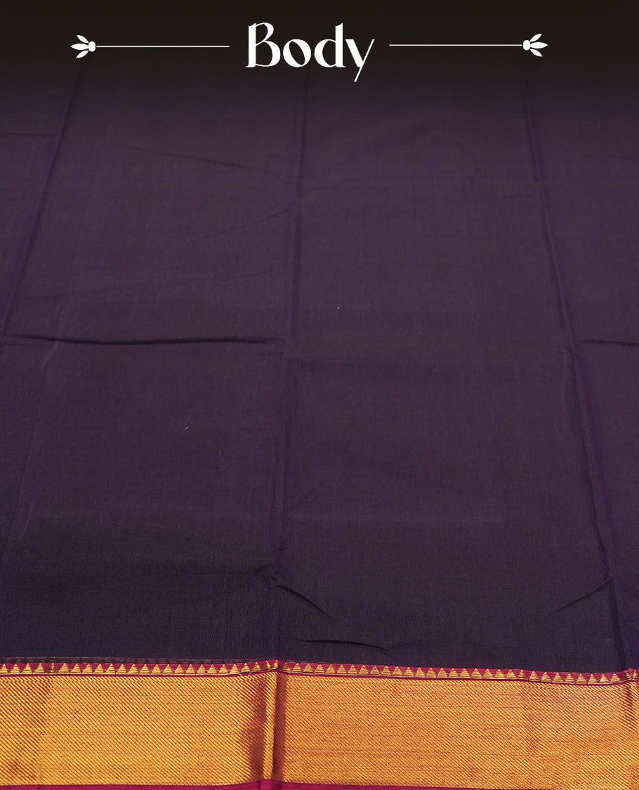 Dark Purple colour Narayanapattu cotton saree featuring a self coloured body, maroon coloured with gold zari pattern border and gold striped colour pallu, pairing a matching blouse piece.