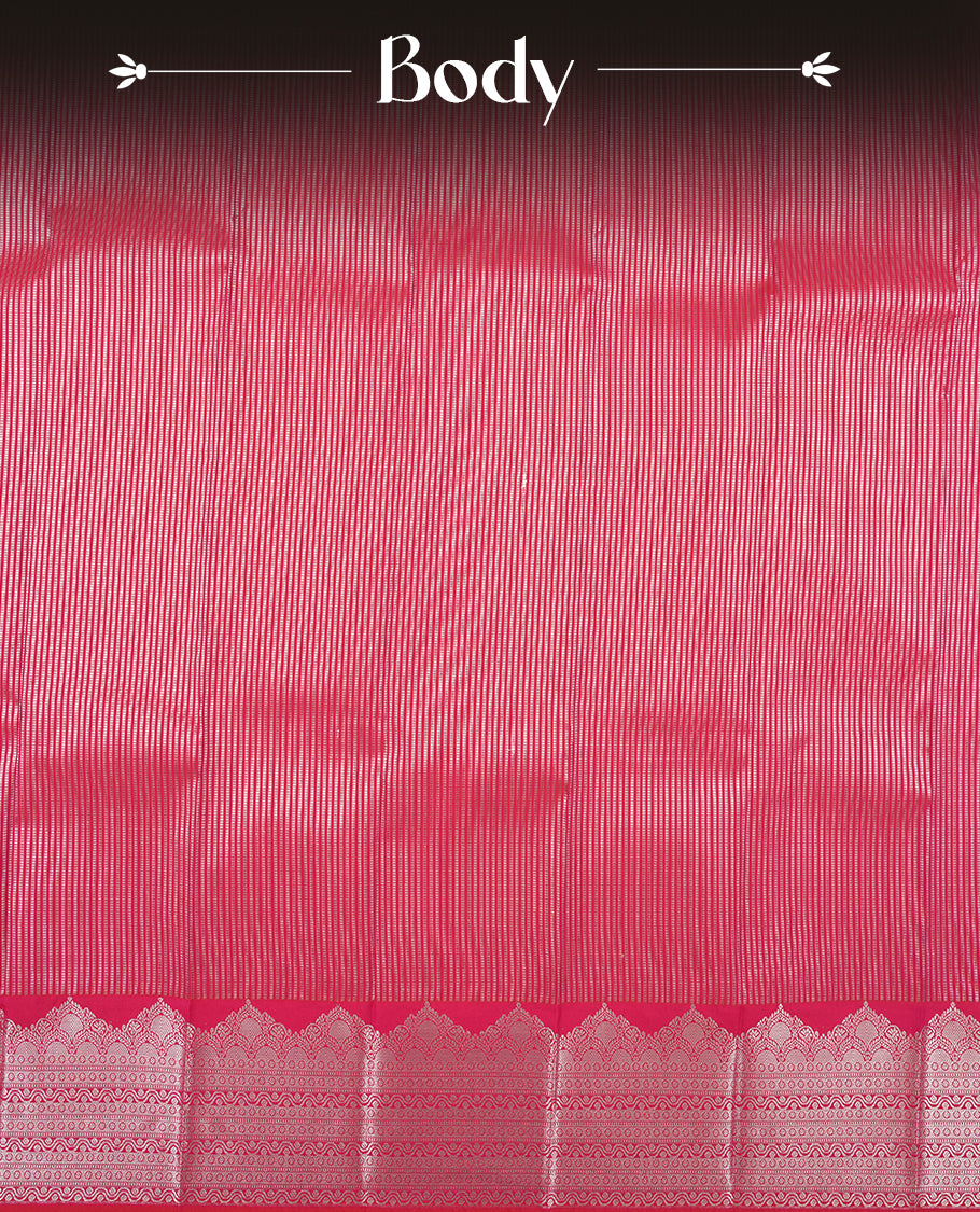 Rani pink colour Semi Silk Saree with silver zari striped patterns on the body, paired with a contrasting dark purple  traditional pallu and border, and a matching blouse piece.