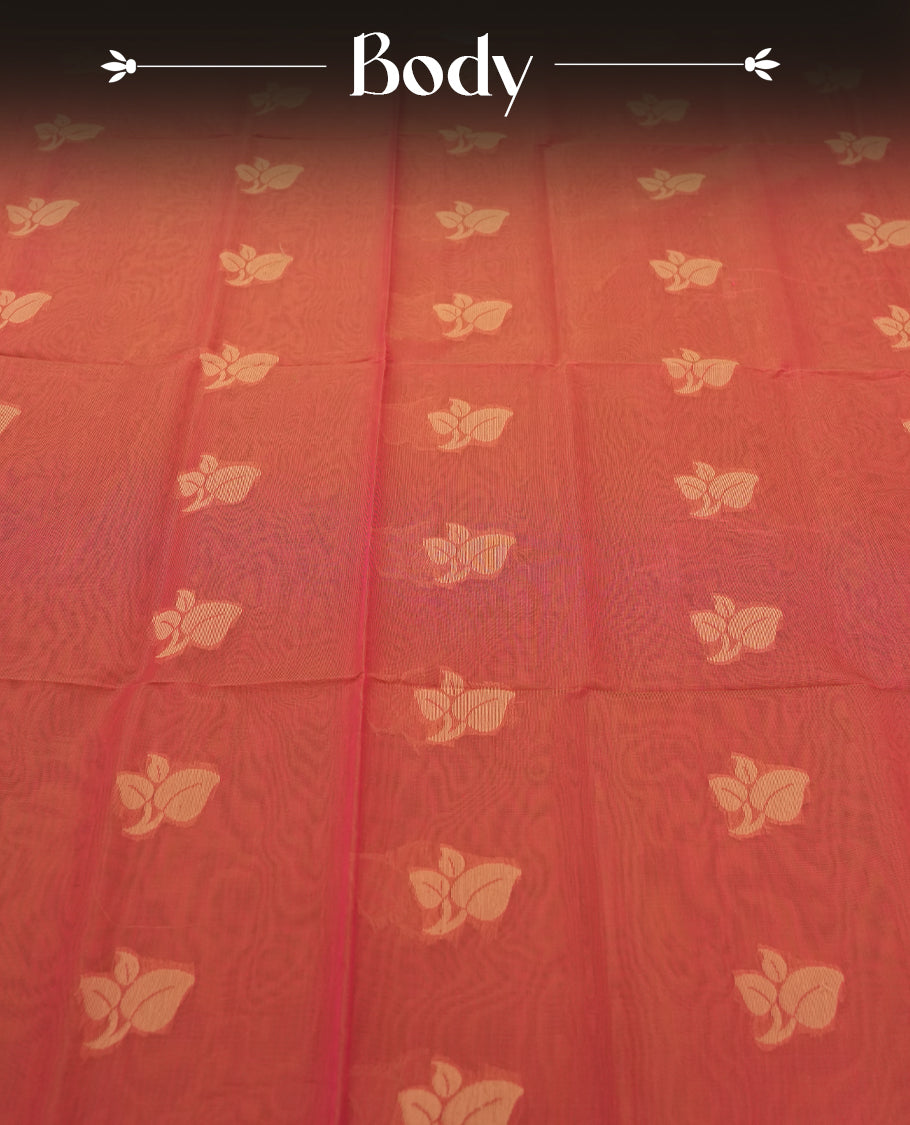 Red Pink and Yellow double shade Colour Silk Cotton Saree with Cream Leaf Butta Body, Contrasting Cream Zari Pallu & Border, Floral Motifs, and Matching Woven Blouse Piece