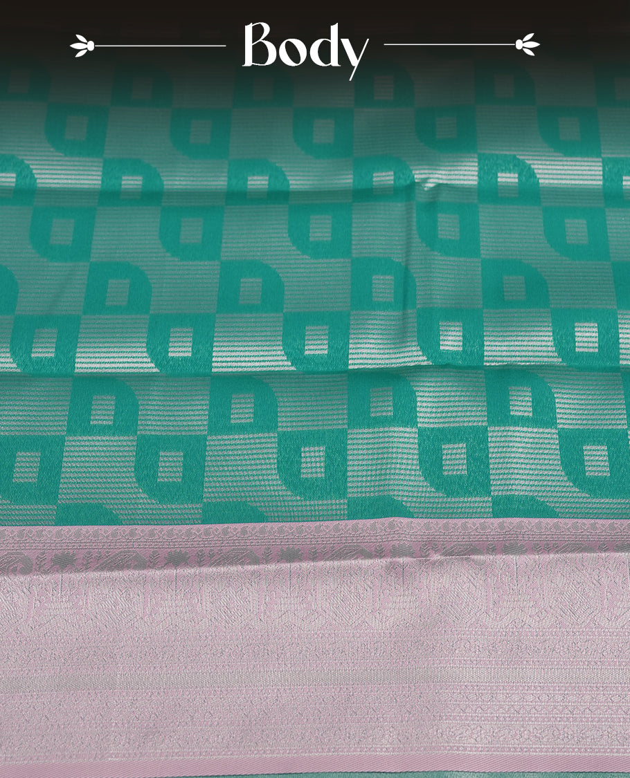 Mint Green colour Semi Silk Saree with Self-Checked Geometric Patterns, Contrasting Silver Zari Woven Pallu and Border with Intricate Motifs and Tassels, Paired with Coordinated Blouse Piece