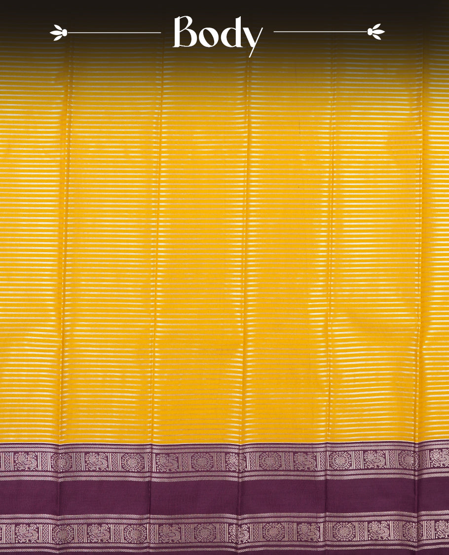 Olive yellow colour Semi Silk Saree with silver zari patterns on the body with self coloured border, paired with a contrasting Dark violet colour traditional pallu, and a matching blouse piece.
