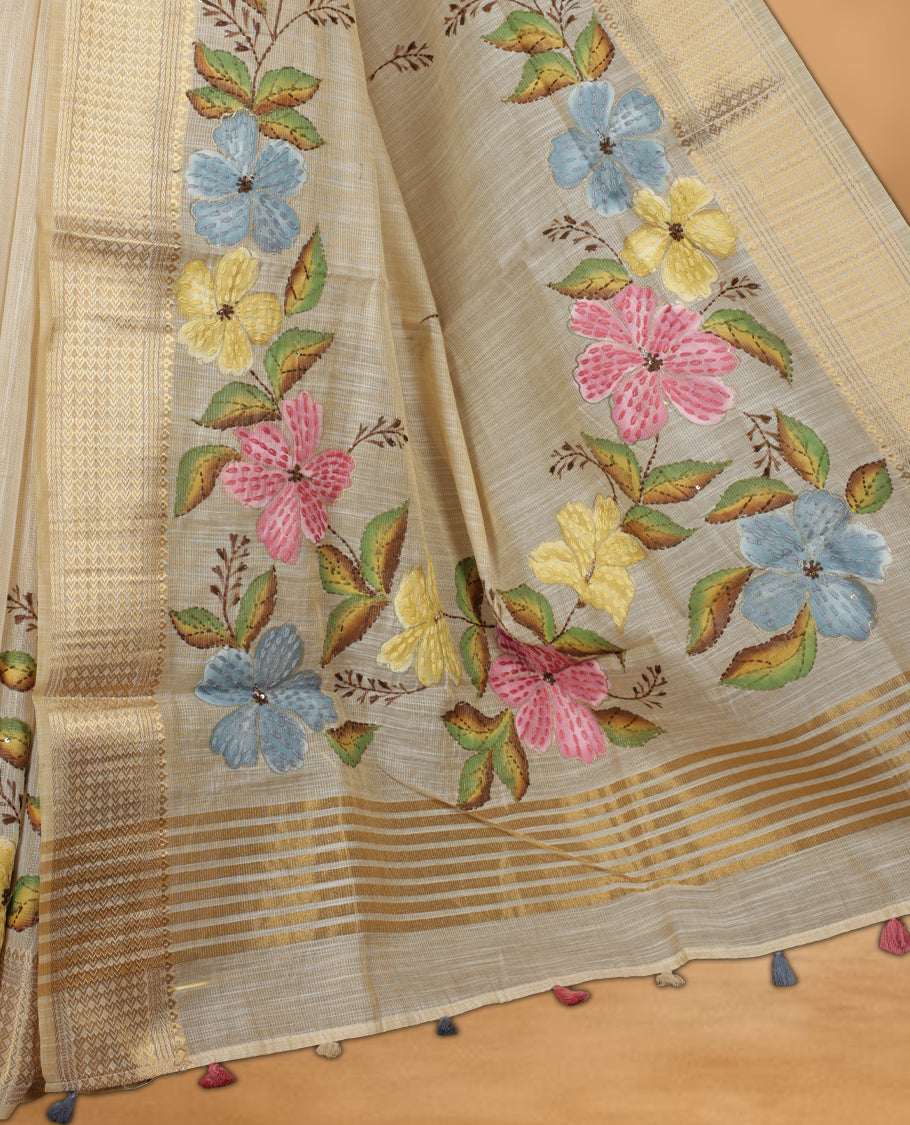 Beige colour Banarasi linen silk saree featuring hand brushed colour with Floral  & birds printed pattern on body, gold zari woven geometric design border with self colour pallu and comes with a matching blouse