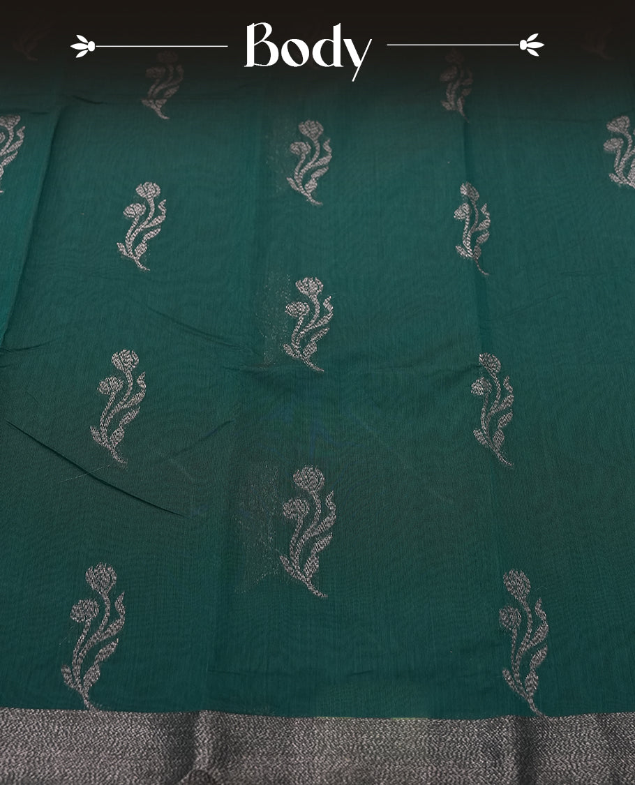 Deep Teal Colour Silk Cotton Saree with Dark Silver Floral Butta Body, Contrasting Dark Silver Zari Pallu & Border, Floral Vine Motifs, and Matching Plain Woven Blouse Piece