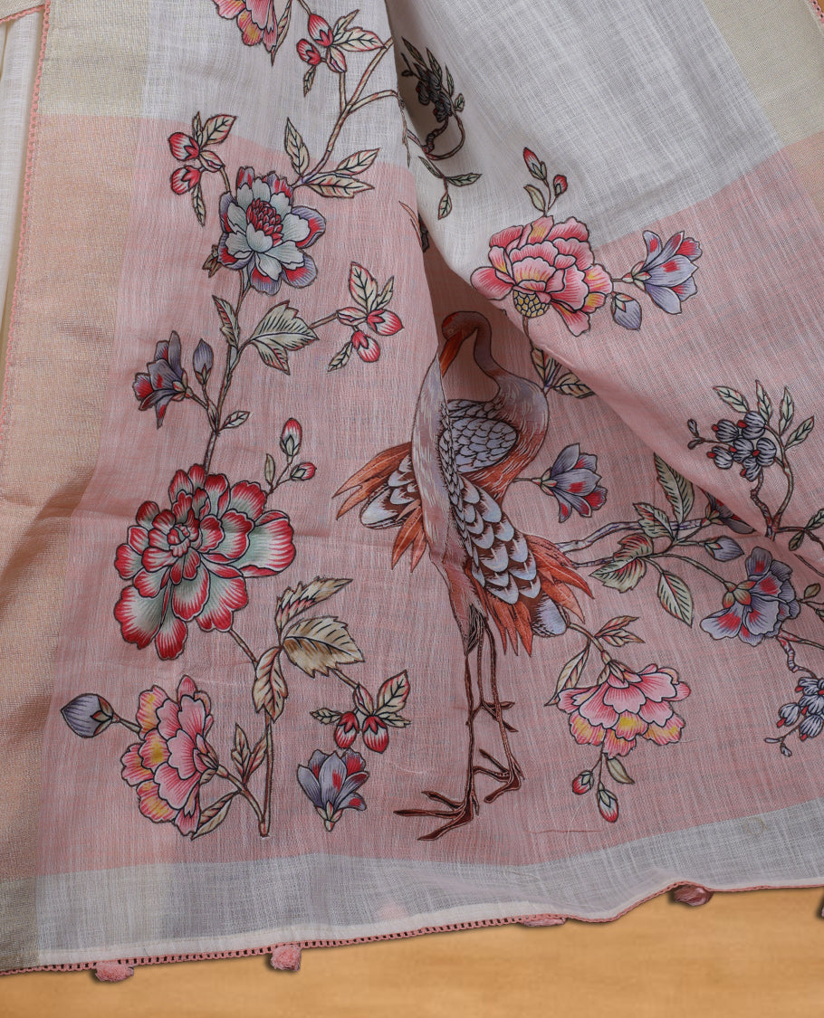 Cream colour cotton linen silk saree featuring Floral  & brids printed pattern on body, golden simple border with Peach colour pallu and comes with a matching blouse