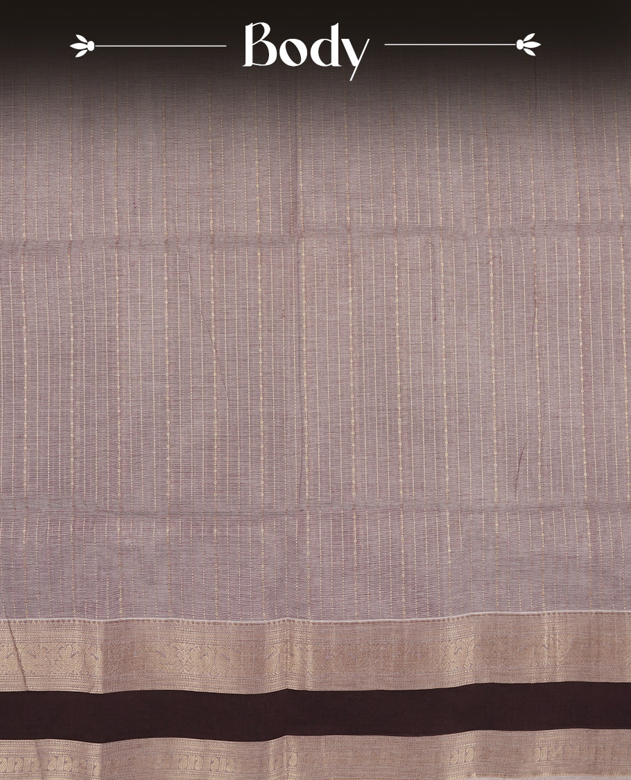 Pastel purple colour Chettinad cotton saree highlighted with subtle golden zari lines on the body, The rich maroon border with intricate golden weaving & Comes with a matching blouse piece.