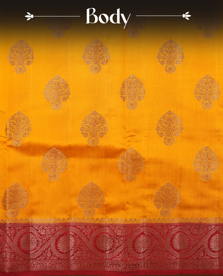 Mustard Colour Pure Banaras soft Silk Saree having gold floral motifs on Body with contrast Dark red colour gold Floral kodi pattern on Border and matching Blouse