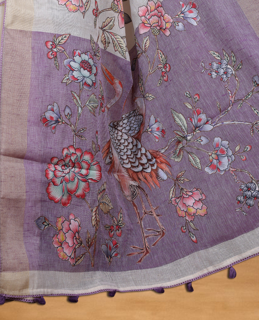 Cream colour cotton linen silk saree featuring Floral  & brids printed pattern on body, golden simple border with lavender colour pallu and comes with a matching blouse