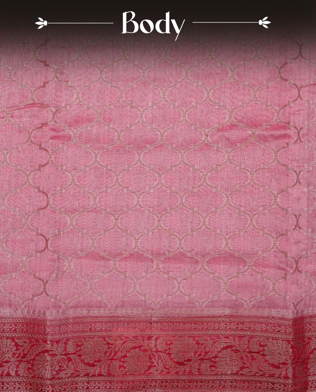Pink colour Banaras silk saree featuring gold zari Geometric pattern on body, complemented by contrast Magenta colour with zari border, comes with matching blouse piece.