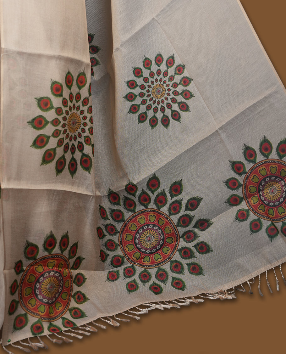 Kerala Tissue saree with peacock feather Prints and without border with Matching Blouse