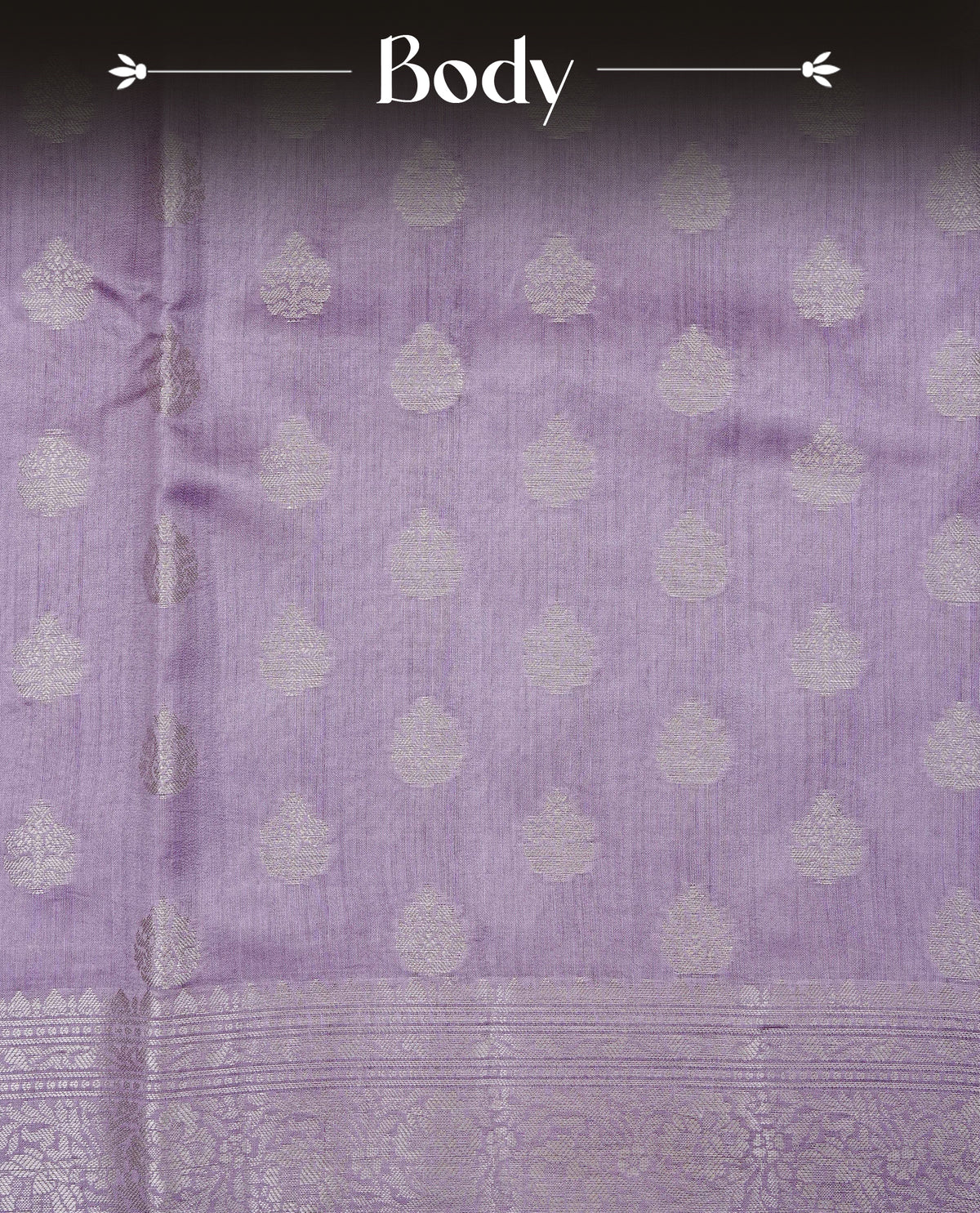 Lavender colour Banaras saree featuring Silver zari buttas on body, complemented by zari pattern on self colour border, comes with matching blouse piece.
