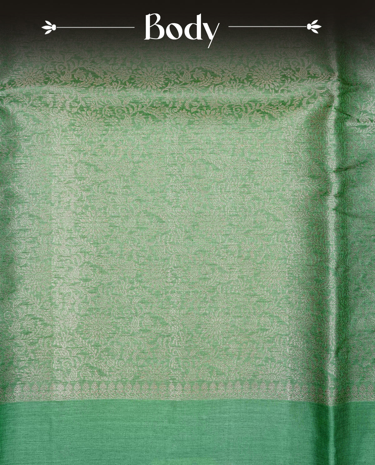 Pastel green Colour banaras saree featuring Light gold zari Floral kodi pattern on body, complemented by borderless finish, comes with matching blouse piece.