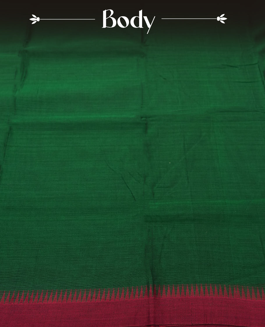 Dark Green colour Narayanapattu cotton saree featuring a self coloured body, maroon coloured zari pattern border and maroon striped colour pallu, pairing a matching blouse piece.