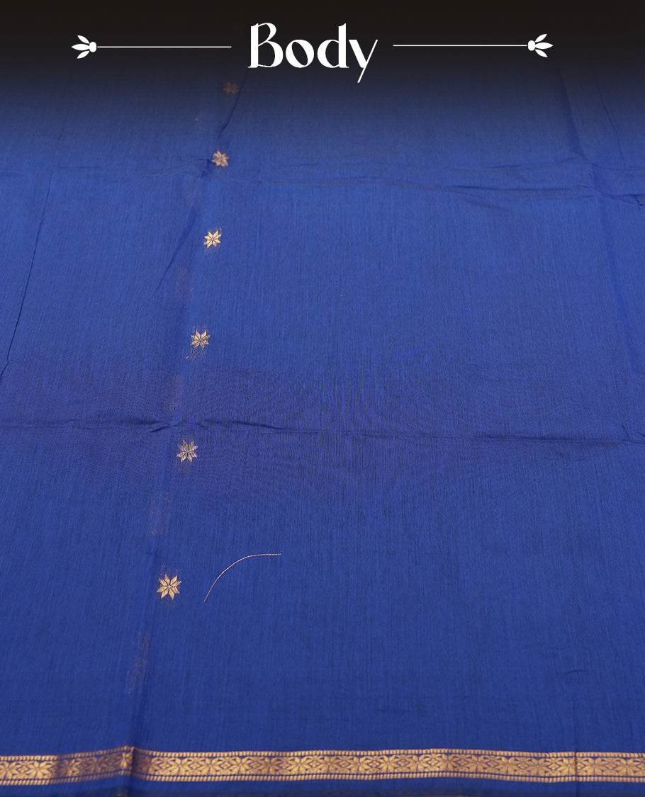 Blue Silk Cotton Saree with Gold Floral Buttas Body, Accented by Gold Zari Border and Green Stripes on Blue and Green Striped Pallu, Paired with Matching Blouse Piece