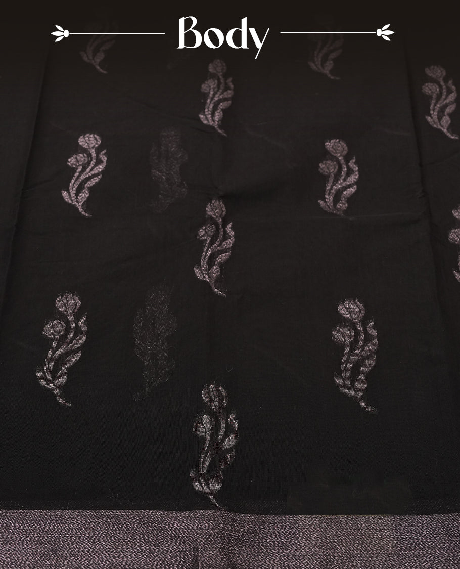 Black Colour Silk Cotton Saree with Rose Gold Floral Butta Body, Rose Gold Zari Pallu & Border, Floral Vine Motifs, and Matching Plain Woven Blouse Piece